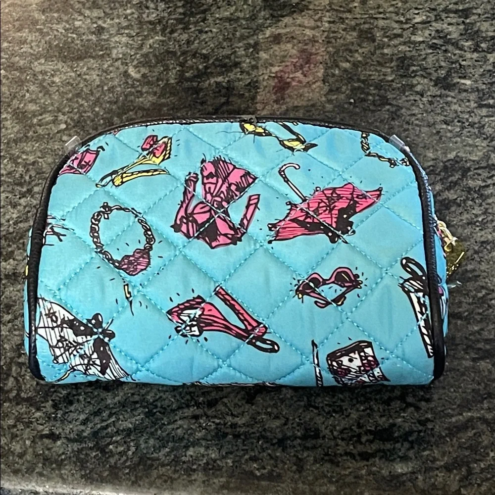 Betsey Johnson Turquoise Quilted Cosmetic Pouch with Pink Accent Print